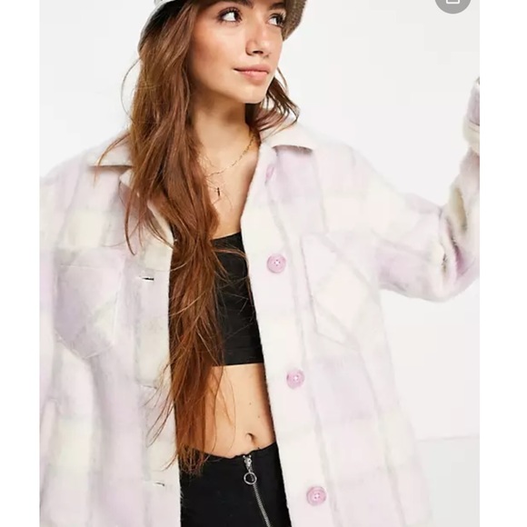✨NWT Hollister ASOS Lavender Cream Plaid Shacket Coat Shaggy Relaxed Streetwear - Picture 3 of 14